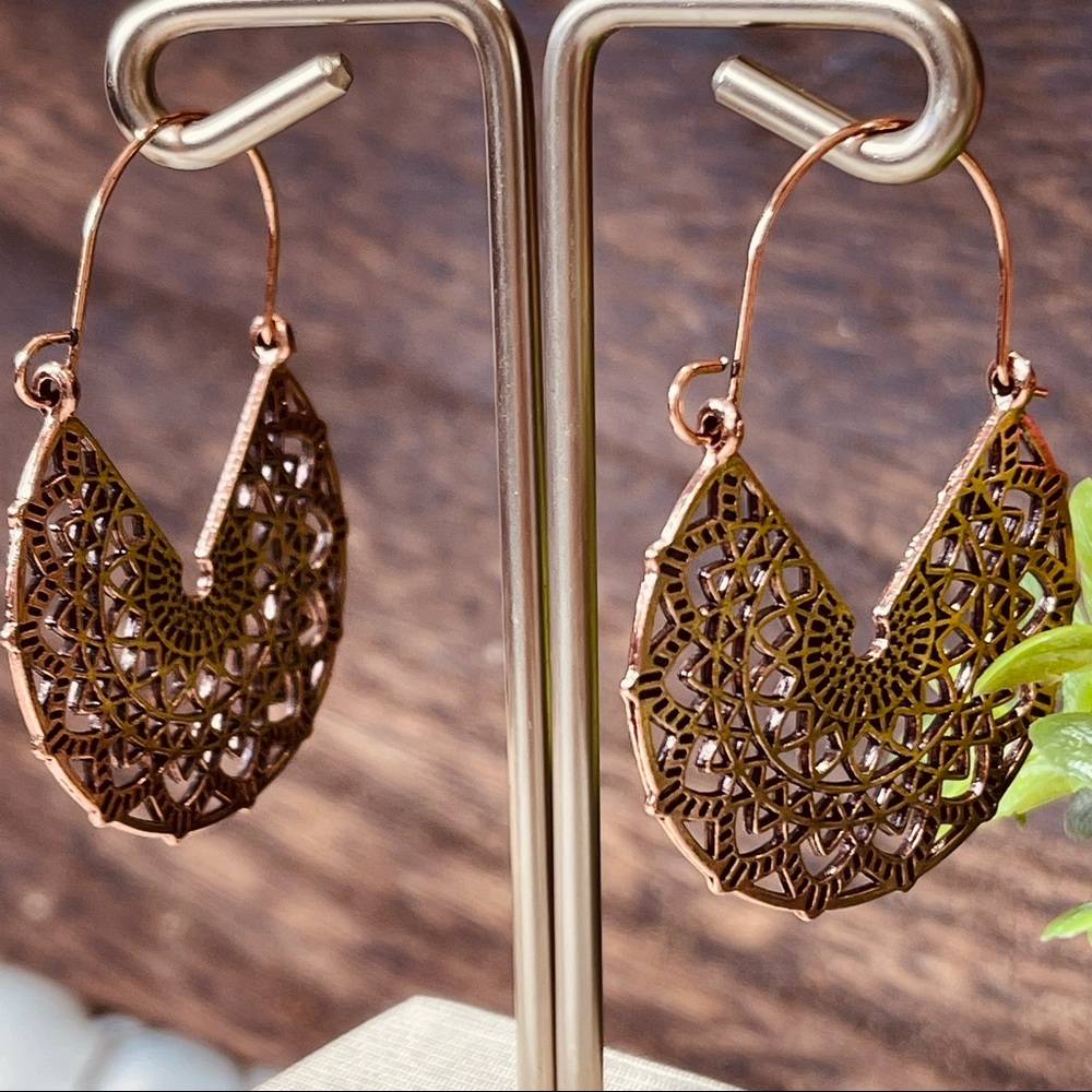 BOHO EARRINGS Open filigree FAN earrings Rose Gold Hoop versatile Southwestern - Picture 2 of 8